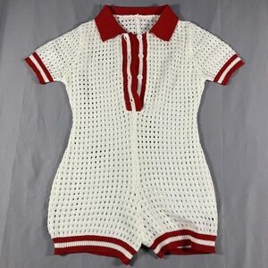 SHEIN Romper Womens Medium White Red Crochet Knit Polo Colorblock Short Sleeve